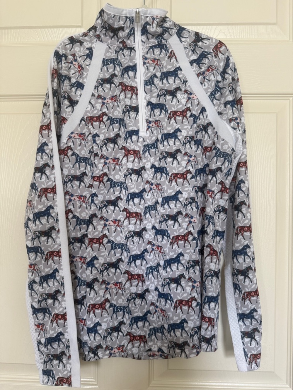 Ariat Gray Horse Print Quarter‑Zip Performance Top